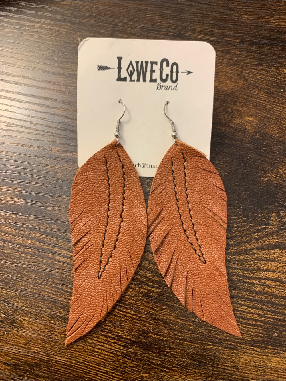 Tan Leather Feather Drop Earrings
